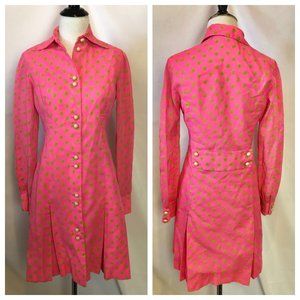 Vintage Lynn Stuart Polka Dot A Line Shirt Dress Pink Long Sleeve Size 8
